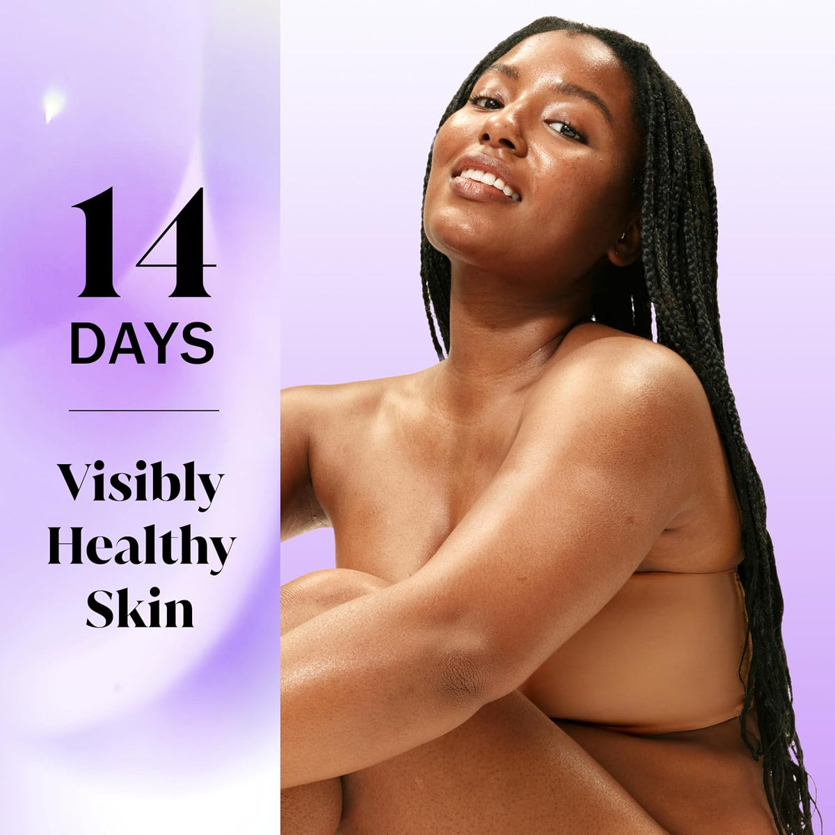 Woman with text '14 Days Visibly Healthy Skin' on a purple background