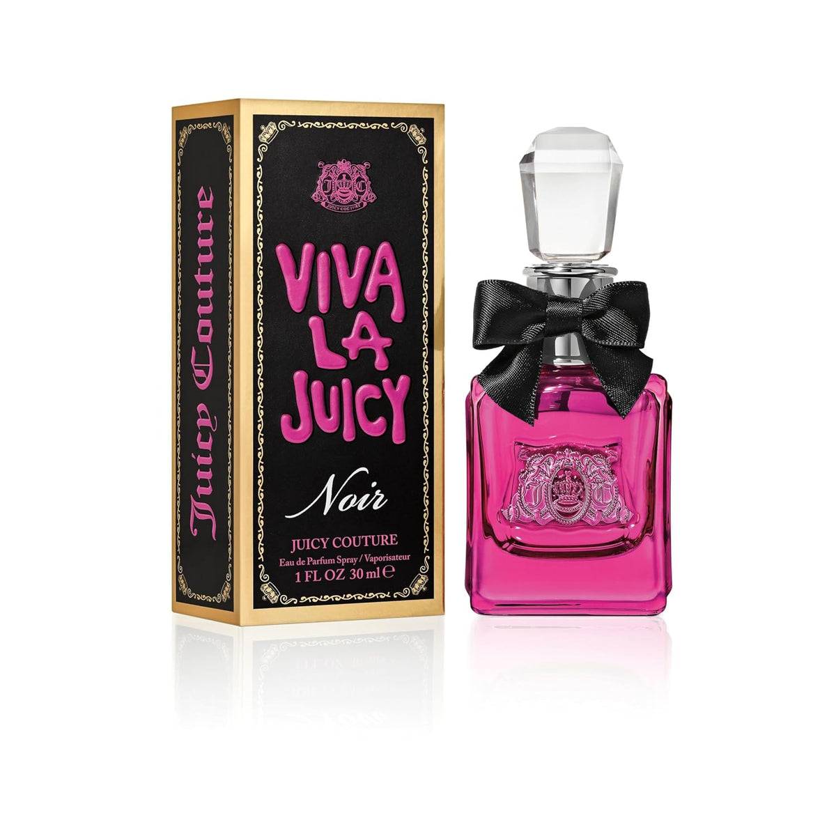 Pink Juicy Couture perfume bottle with black bow and matching packaging on a white background