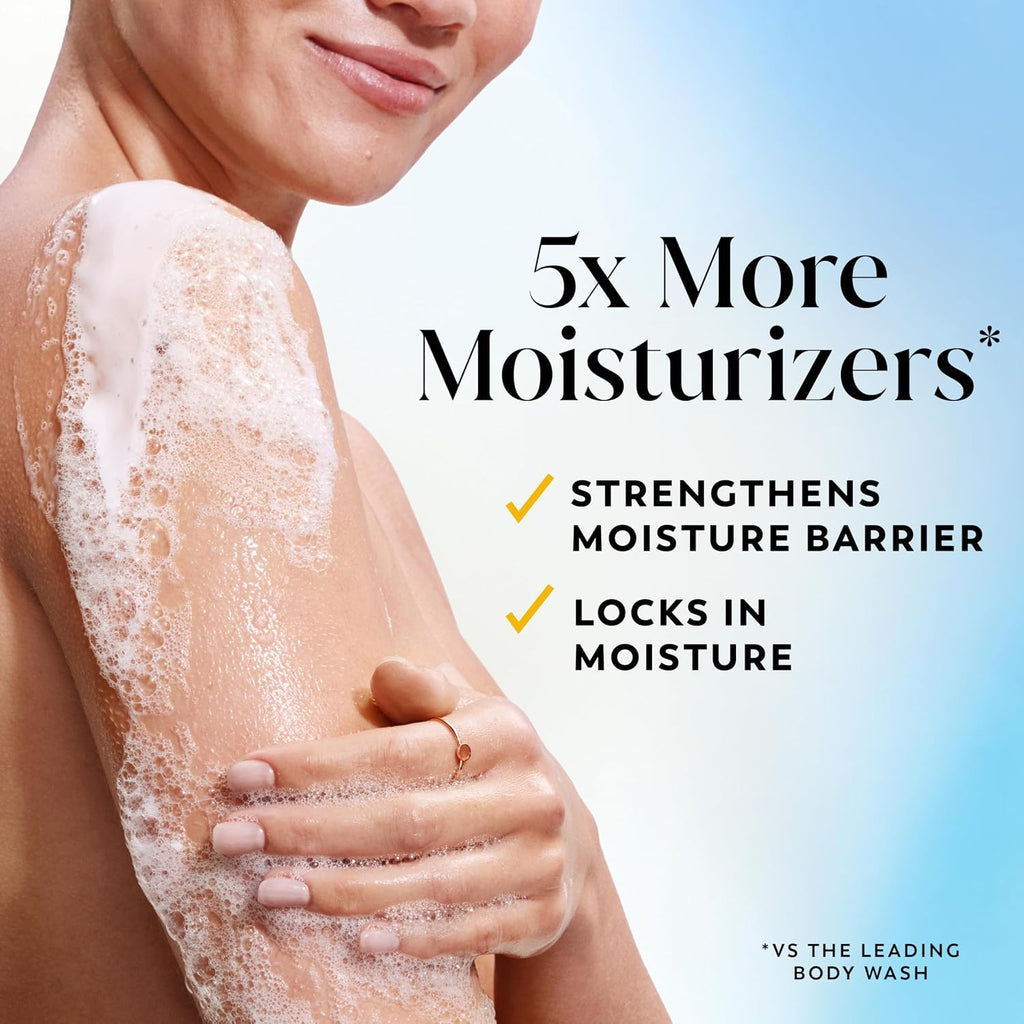 Person with foamy body wash on arm, text highlighting moisturizing benefits.