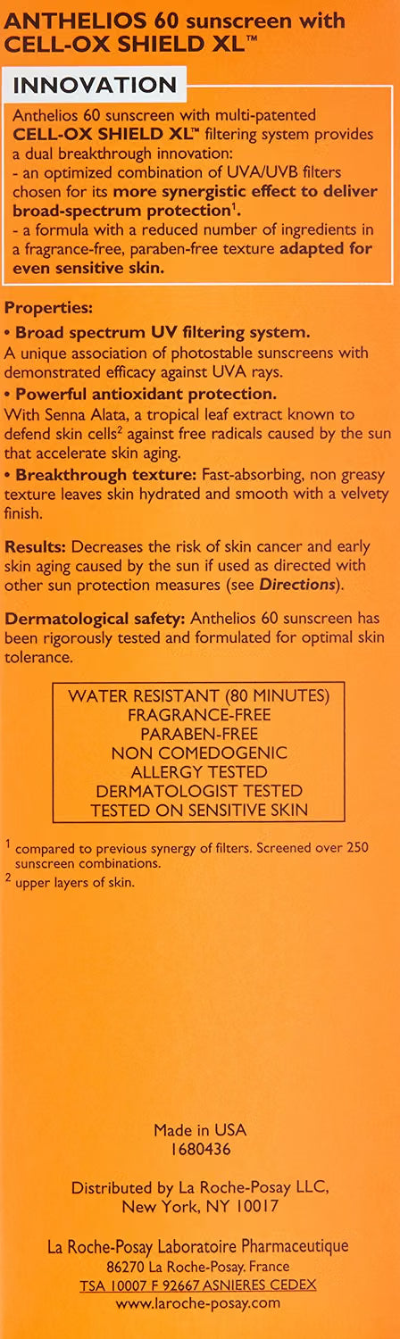 A vertical product information card for Antihelios 60 sunscreen with Cell-OX Shield XL. The card features a large orange header and a white background with black text detailing the product's properties, benefits, and safety information.