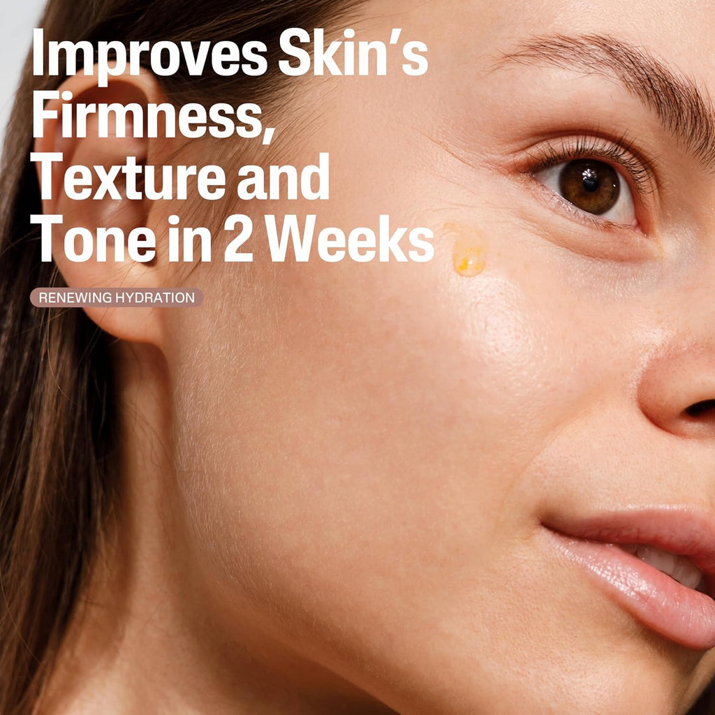 Close-up of a woman's face with text about skin improvement in 2 weeks.
