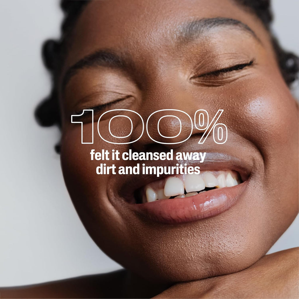 Close-up of a person's face with a neutral background, featuring text about cleansing.