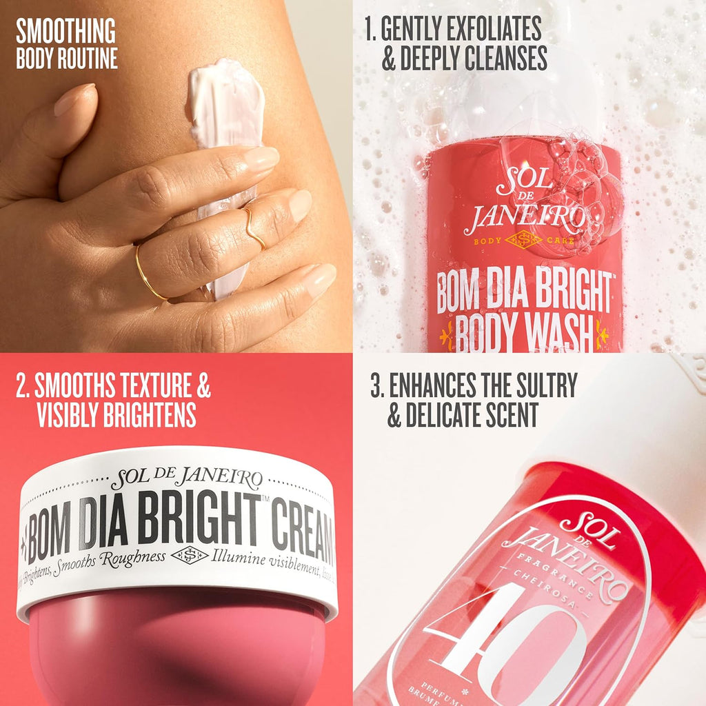 Promotional graphic for Sol de Janeiro Bom Dia Bright body wash and cream with text on a white background.