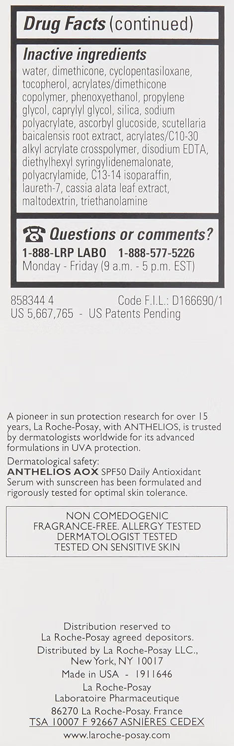 A close-up of a black-and-white drug facts label showing inactive ingredients, a phone number, hours, and distribution information for Anthelios.