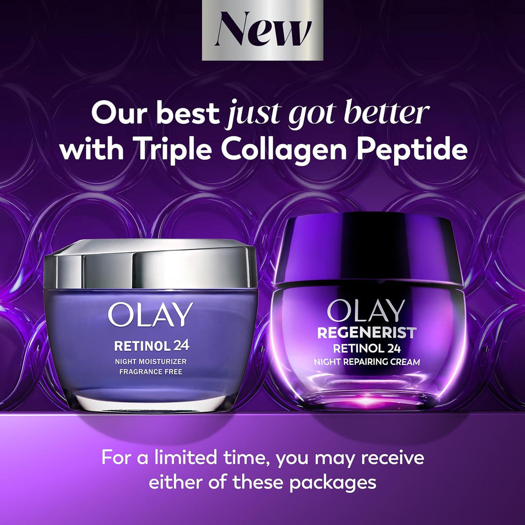 Two Olay skincare products on a purple background with promotional text.