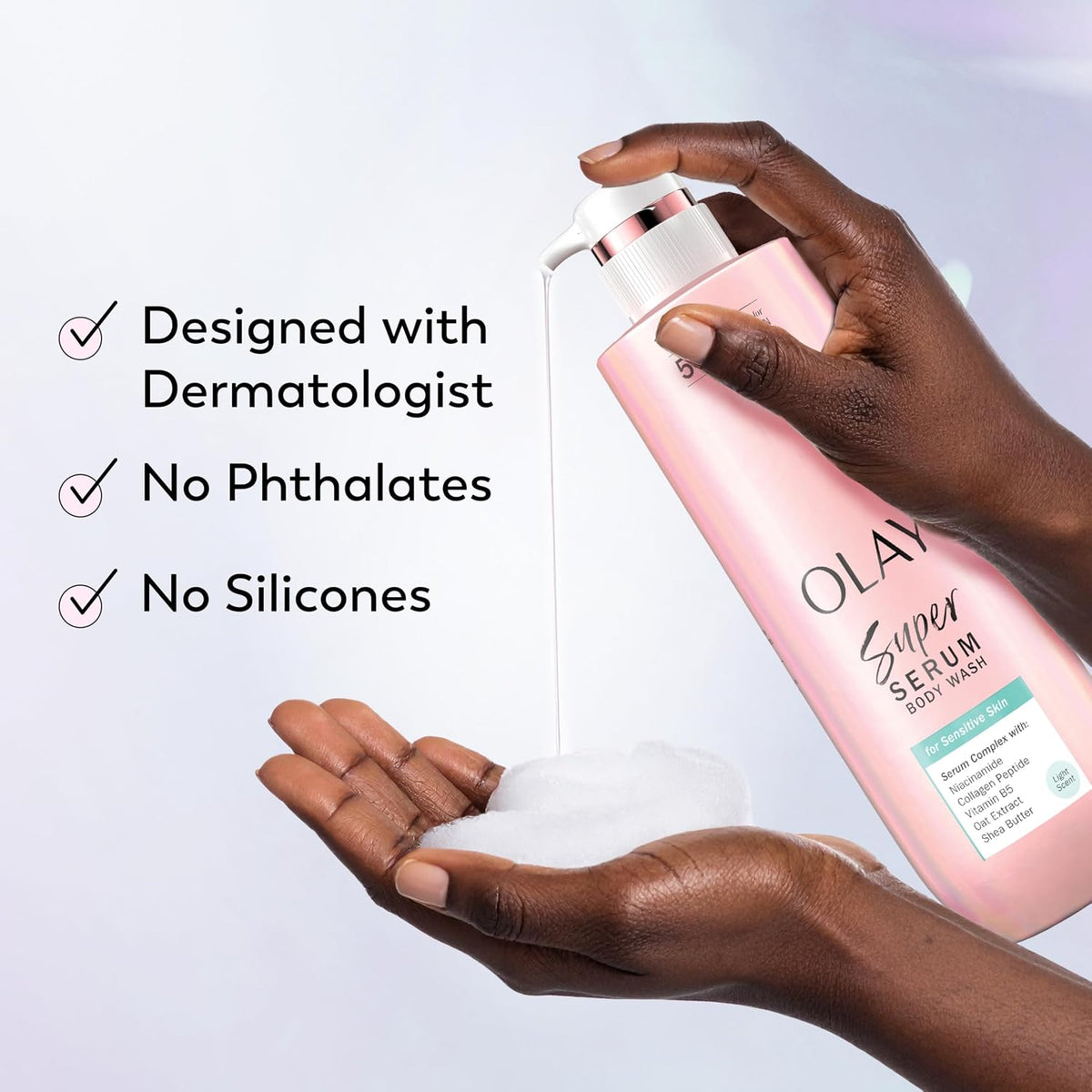 Olay Super Serum body wash being poured onto a hand with product features highlighted.