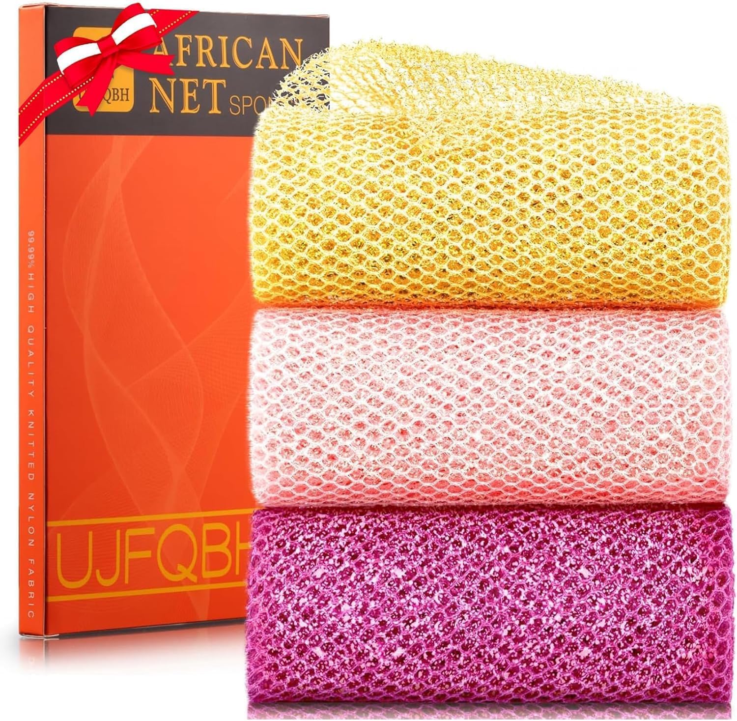 UJFQBH African Net Exfoliating Bath Sponge Set – 3 Pieces