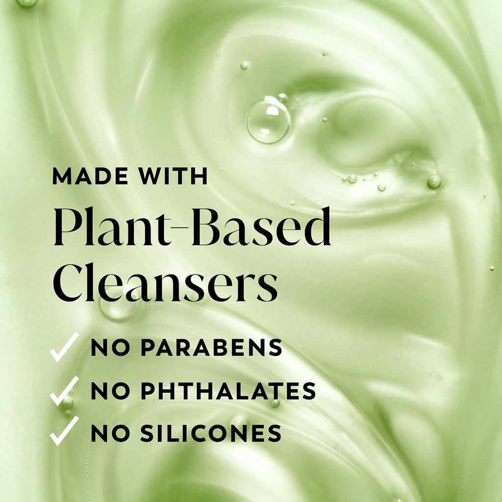 Green skincare graphic with text reading 'MADE WITH Plant-Based Cleansers' and checkmarks for 'NO PARABENS', 'NO PHTHALATES', and 'NO SILICONES' over a close-up swirl of pale green cleanser with water droplets.