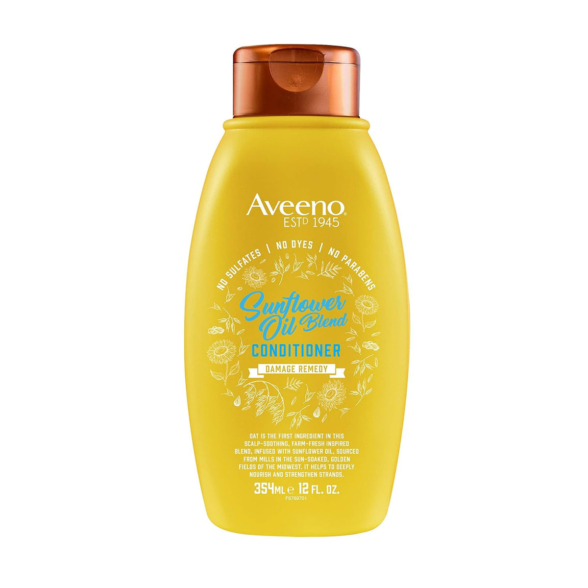 Aveeno Conditioner in Damask Richly scent in a bright yellow bottle with a metallic copper cap, on a solid white background.