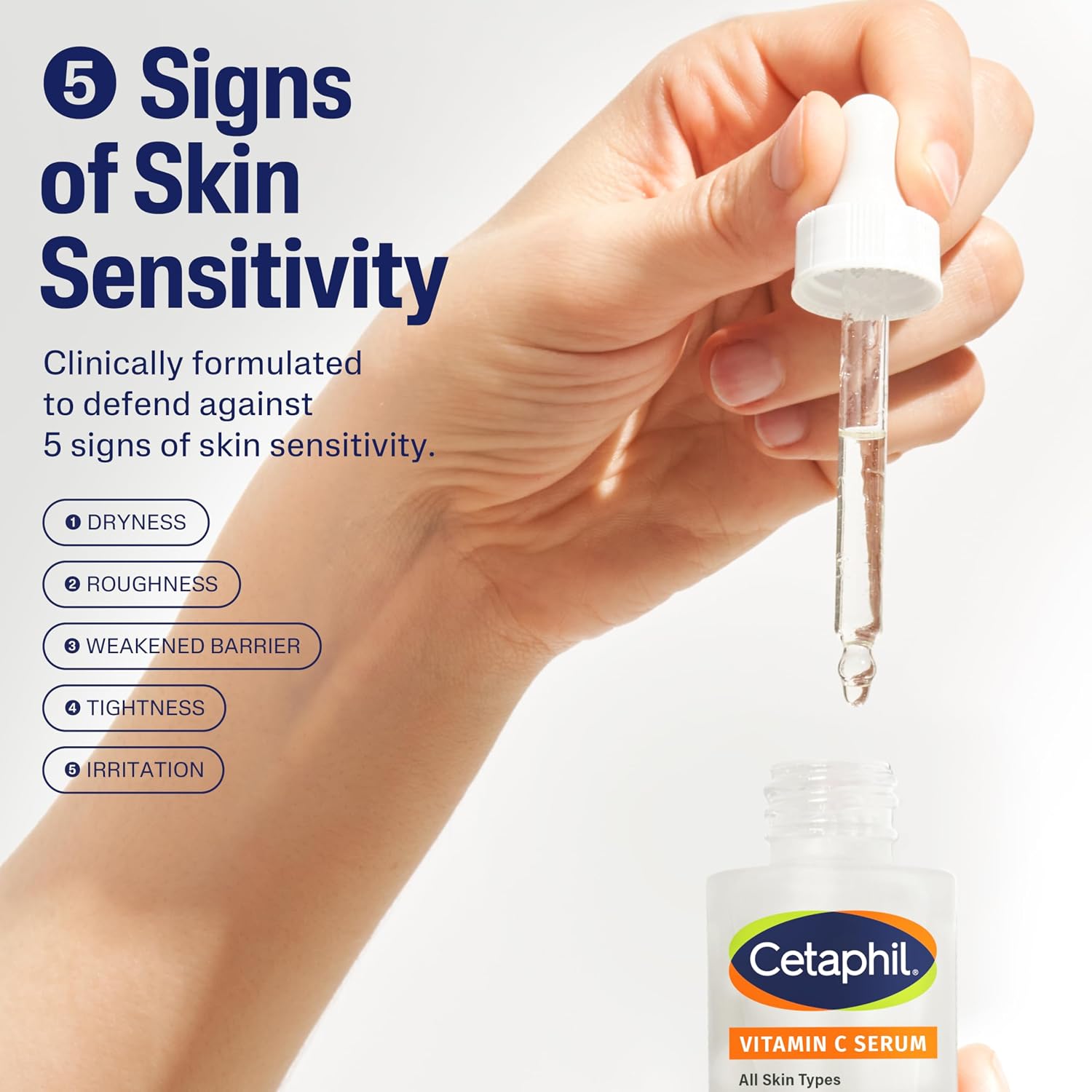 Hand holding a dropper with Cetaphil Vitamin C Serum and text about skin sensitivity.