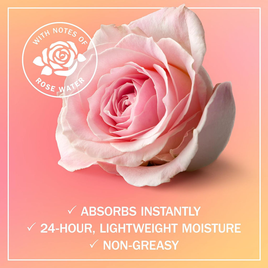 Pink rose with text about skincare product features on a pink background
