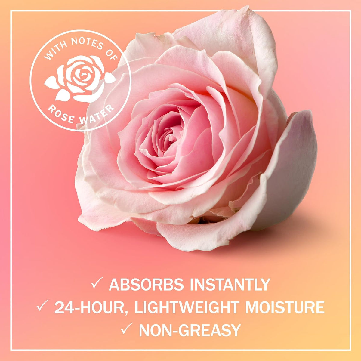 Pink rose with text about skincare product features on a pink background