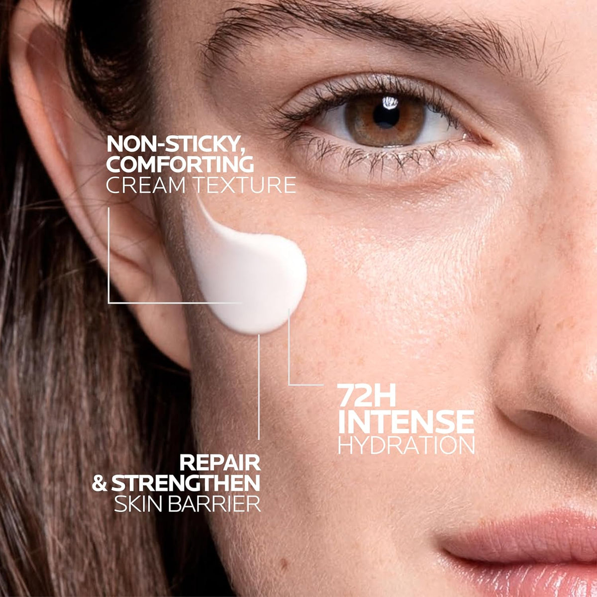 Close-up of a woman's face with a cream application, highlighting product features.