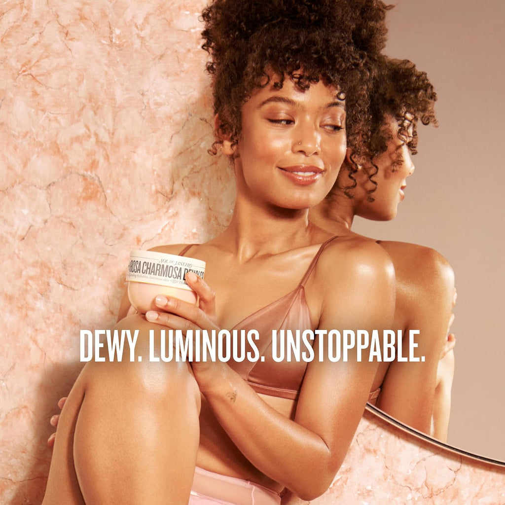 Woman holding a jar of cream with a textured beige background