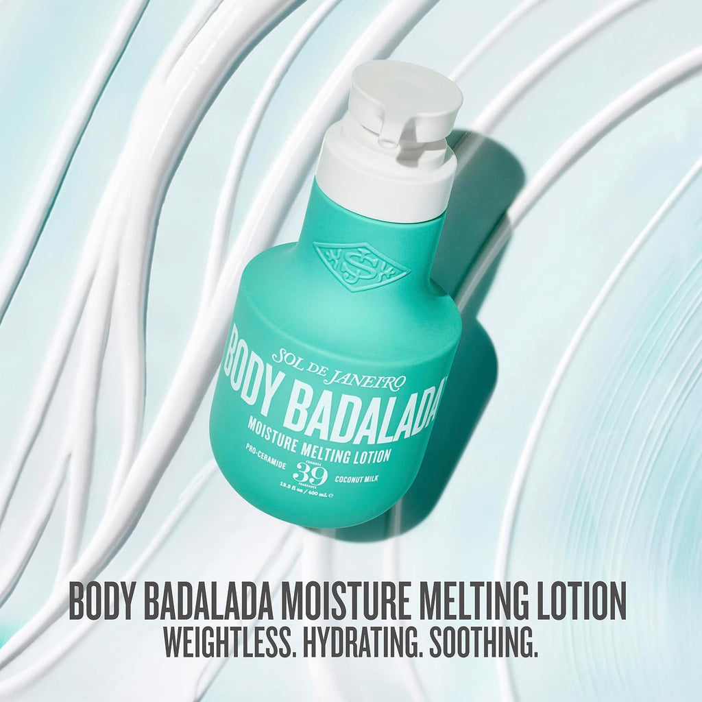 Sol de Janeiro Body Badalada Moisture Melting Lotion in a mint green bottle with a white pump dispenser, set against a light blue and white wavy background with text overlay at the bottom.