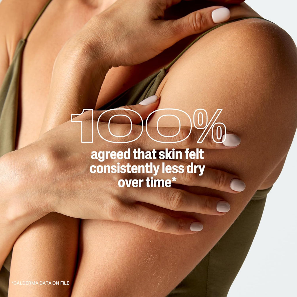 Close-up of a person's arm with text indicating skin hydration benefits.