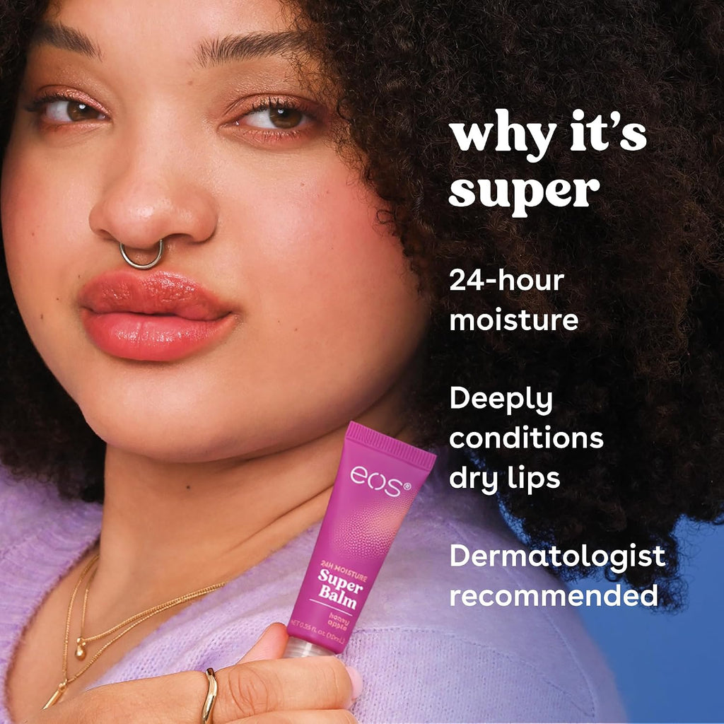 A close-up lifestyle shot of a woman holding a tube of EOS Super Balm lip balm. The image features promotional text on the right side reading 'why it's super' with bullet points for '24-hour moisture', 'Deeply conditions dry lips', and 'Dermatologist recommended'.