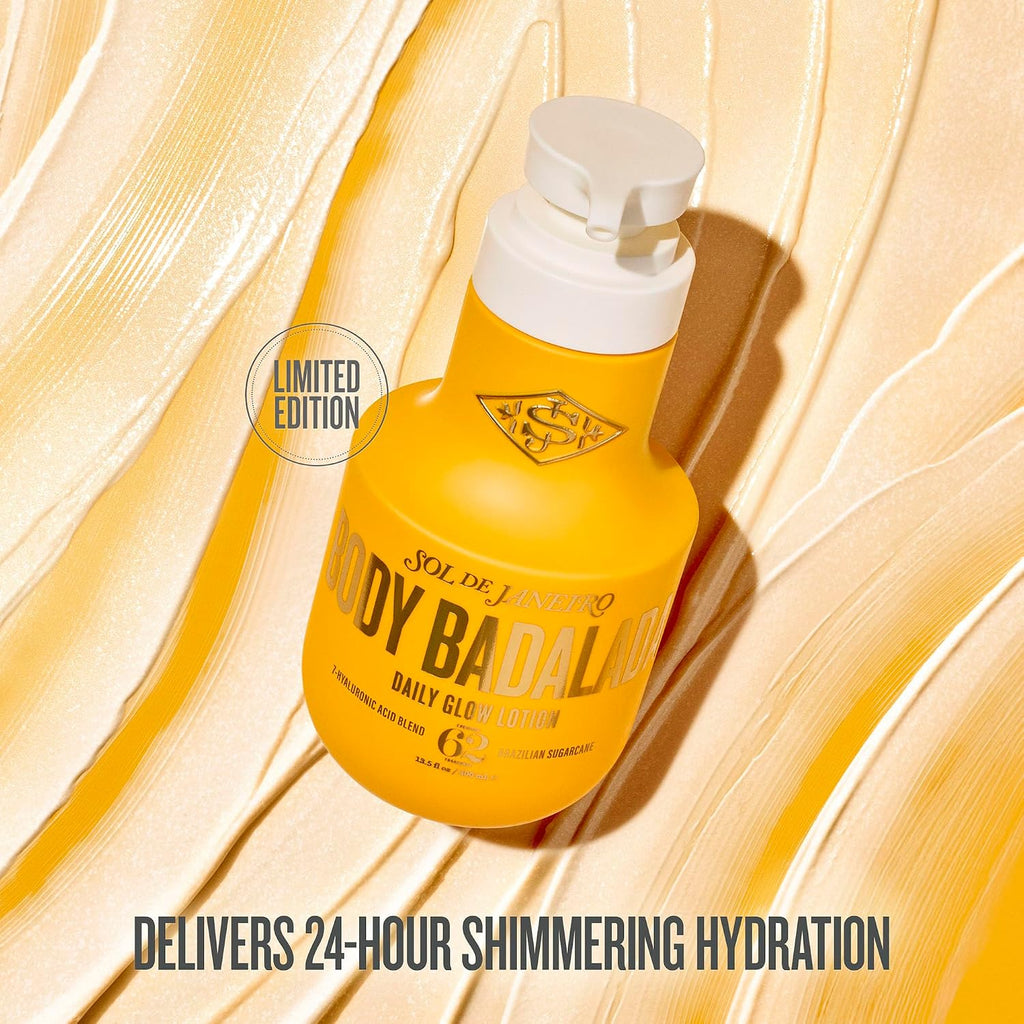 Yellow bottle of 'Body Badalo' on a beige background with text about 24-hour shimmering hydration.