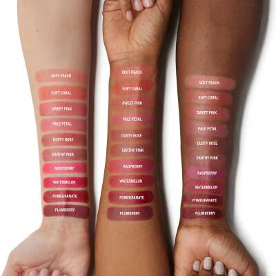 Color swatches of lipstick on three different skin tones