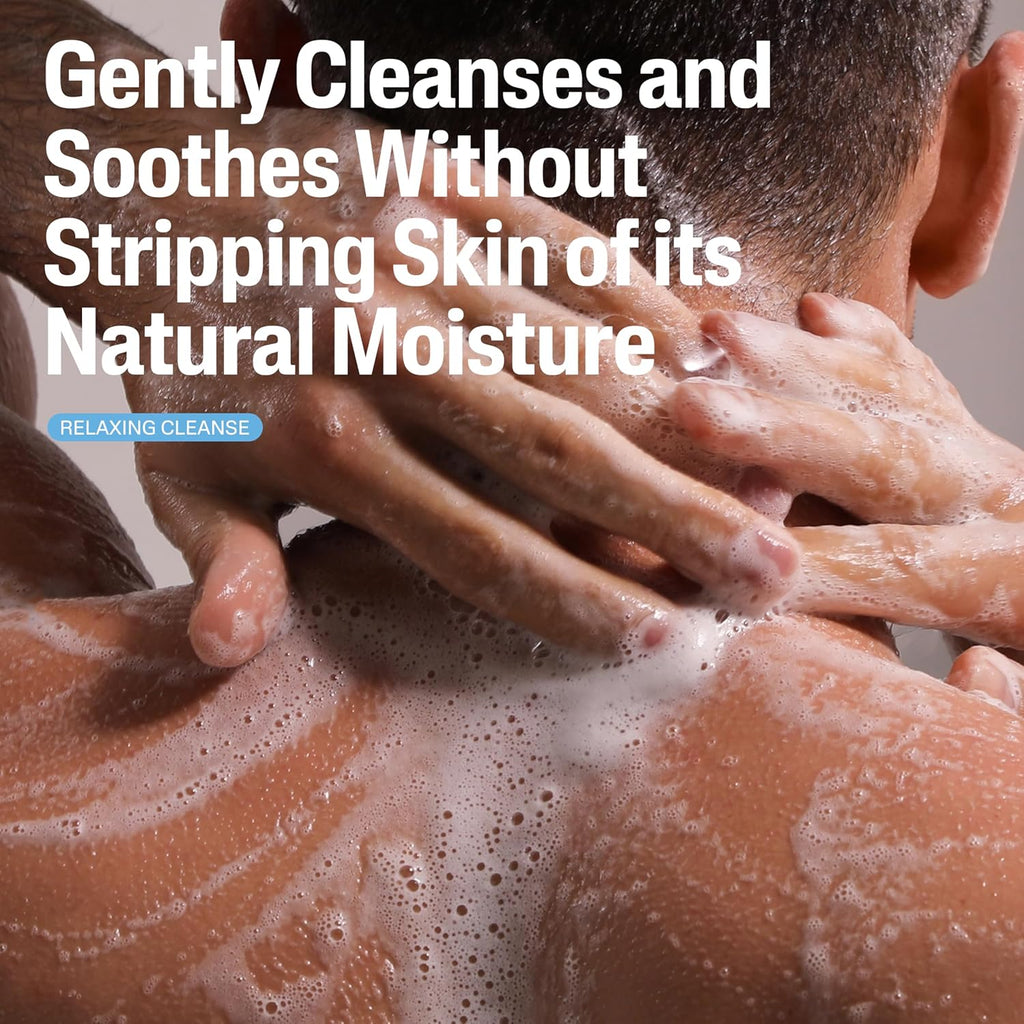 Person washing their back with soap, showing a close-up of the cleansing action.