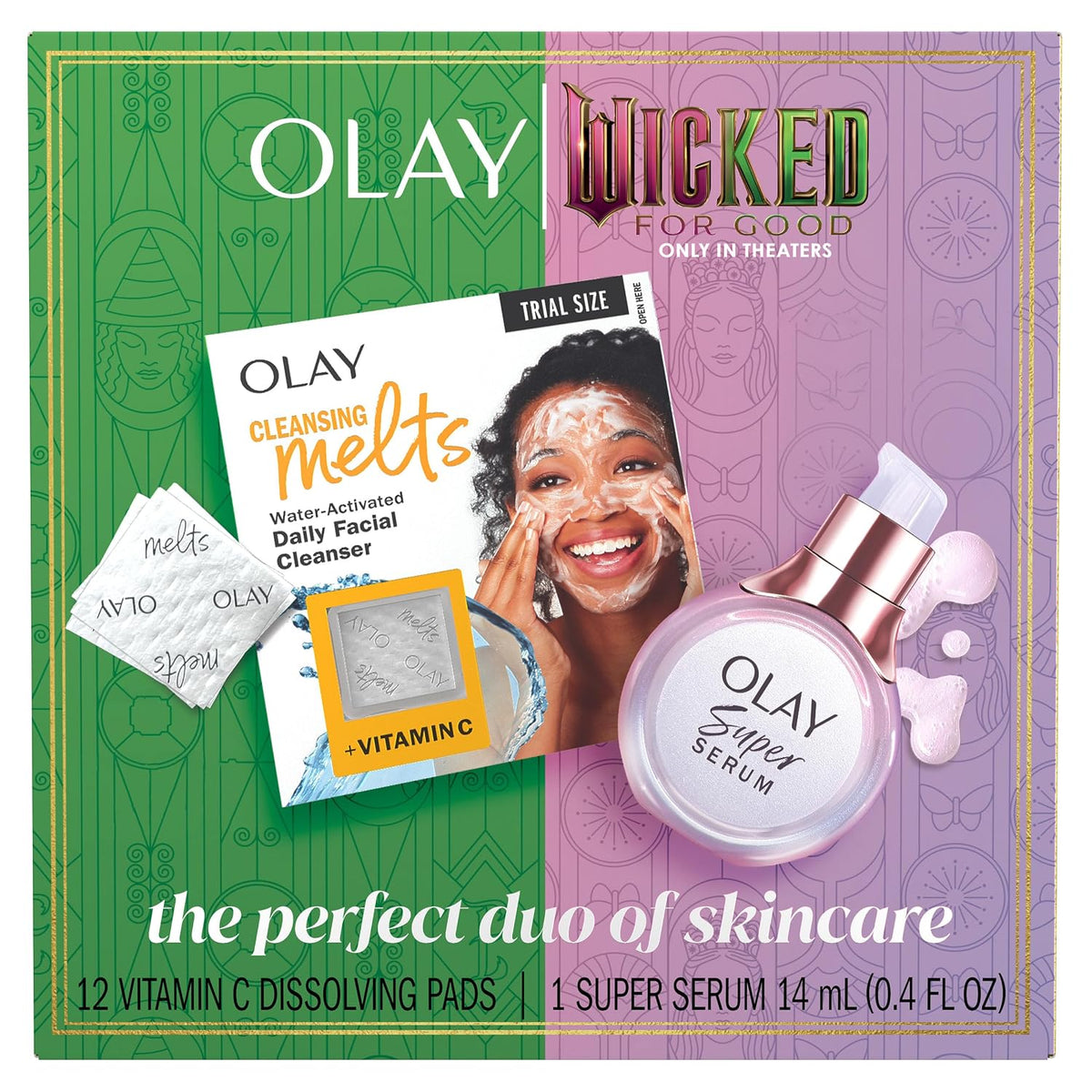 Olay skincare products including cleansing melts, vitamin C dissolving pads, and serum on a green and purple background.