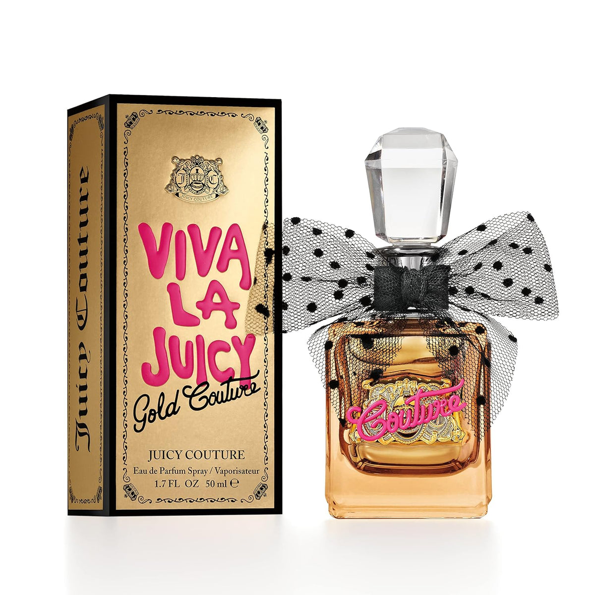 Juicy Couture Viva La Juicy Gold Couture perfume bottle and packaging on a white background