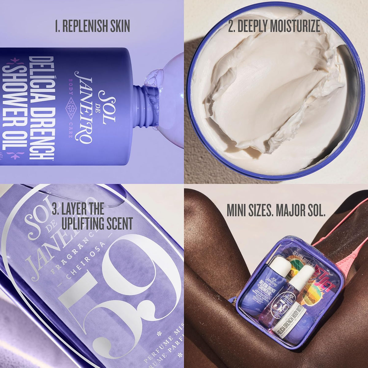 Promotional image of Sol de Janeiro shower oil with product application and packaging.