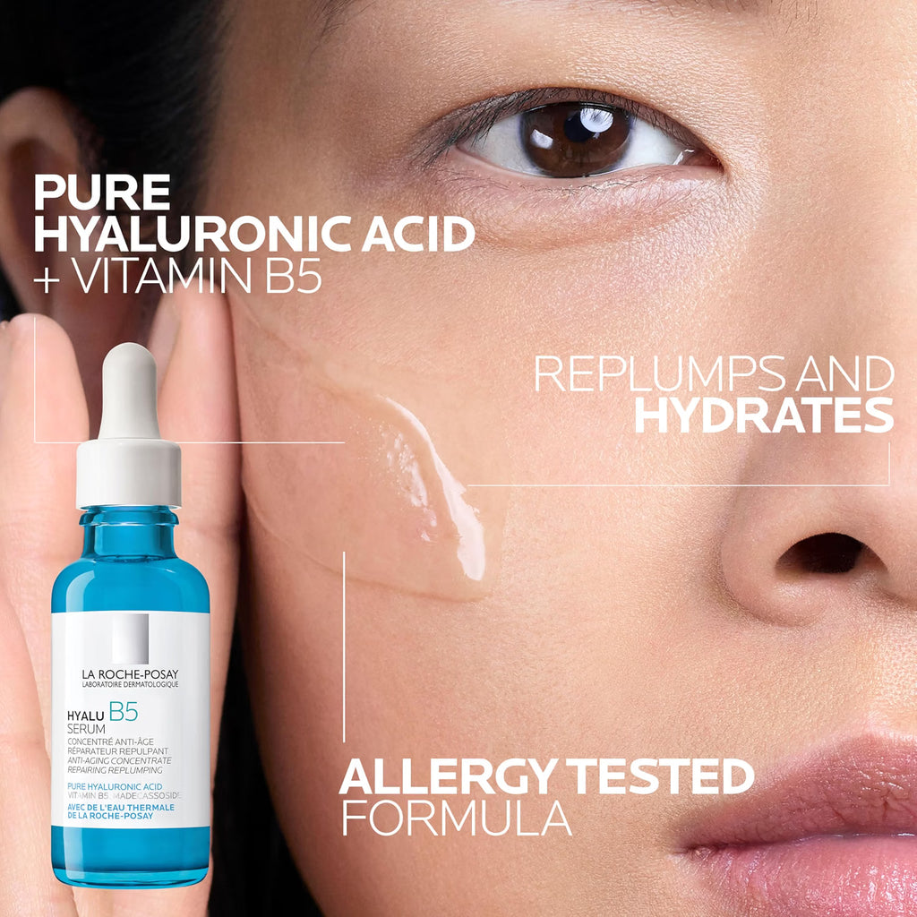 La Roche-Posay Hyalu B5 Serum with a close-up of a person's face showing hydration.