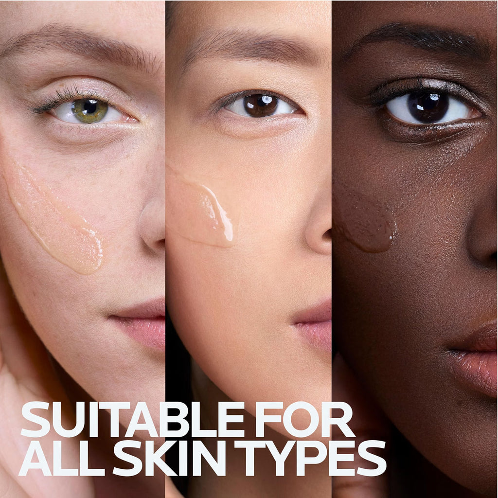 Three faces with different skin tones showing a cosmetic product, with text 'Suitable for all skin types'.