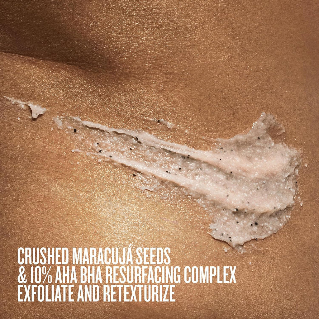 Exfoliating scrub on brown skin with text about ingredients