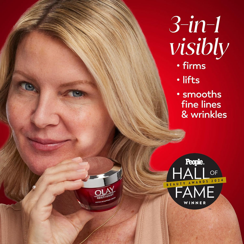 Woman holding an Olay product with text on a red background