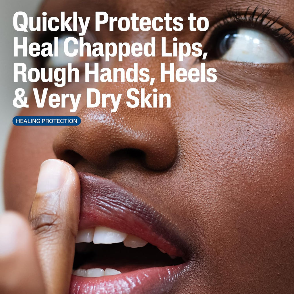 Close-up of a person's lips with text about skin care product benefits.
