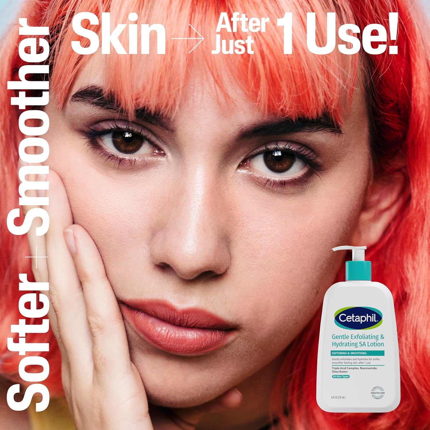 Close-up of a woman with bright pink hair touching her face, with large text reading 'Skin -> After Just 1 Use!' and a Cetaphil lotion bottle shown in the lower right corner.