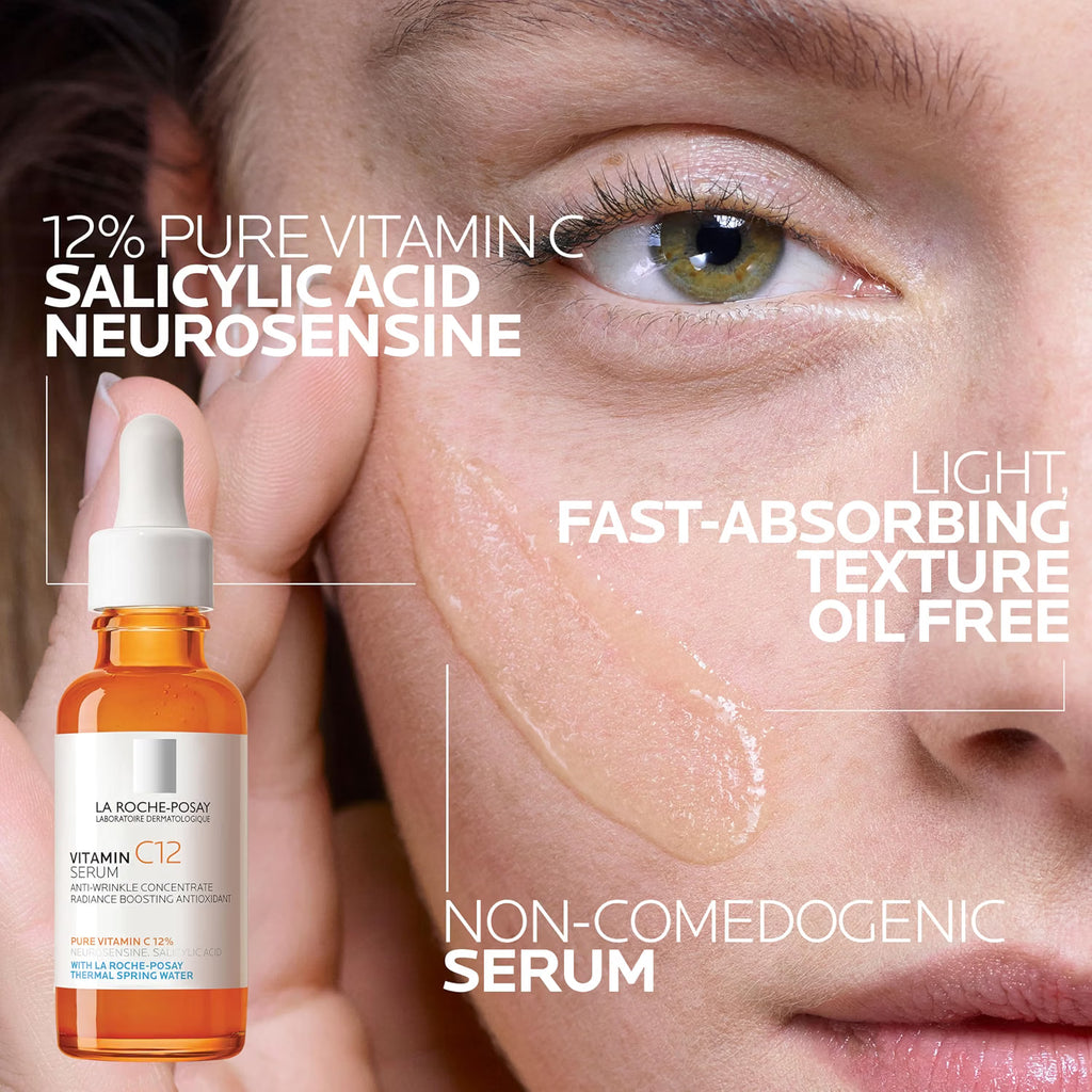 La Roche-Posay Vitamin C12 Serum with close-up of a woman's face showing application.