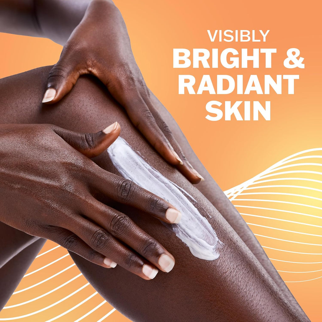some applying a lotion with a text by the side written Visibly Bright and Radiant skin