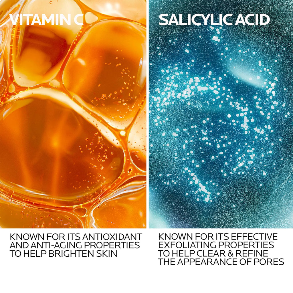 Two images side by side, one with orange bubbles labeled 'Vitamin C' and the other with blue glitter labeled 'Salicylic Acid'.