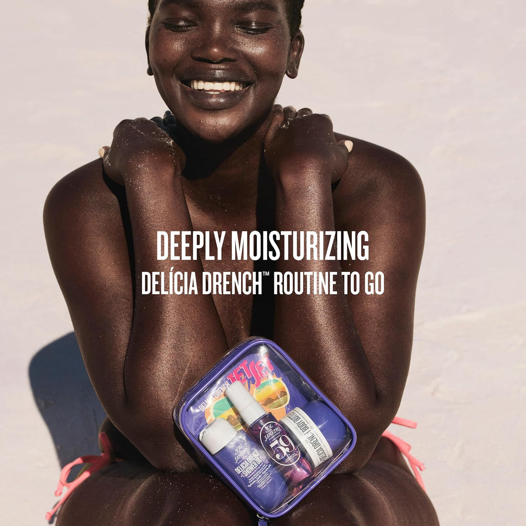 Woman holding a travel-sized skincare kit with text about a moisturizing routine.