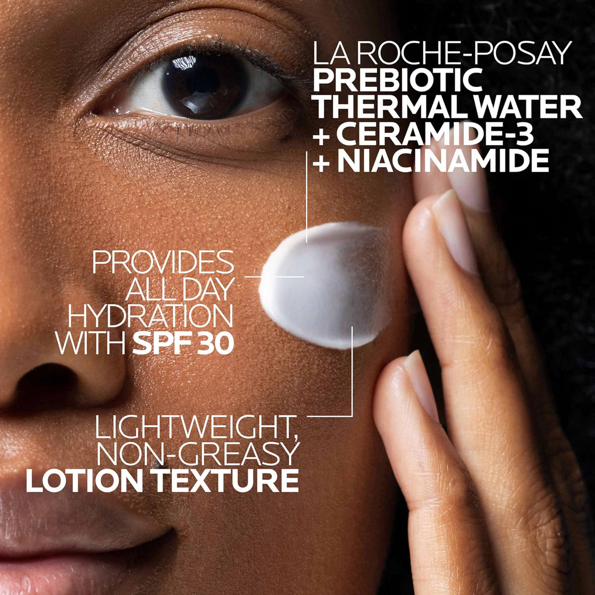 Advertisement for La Roche-Posay skincare product with text highlighting features.