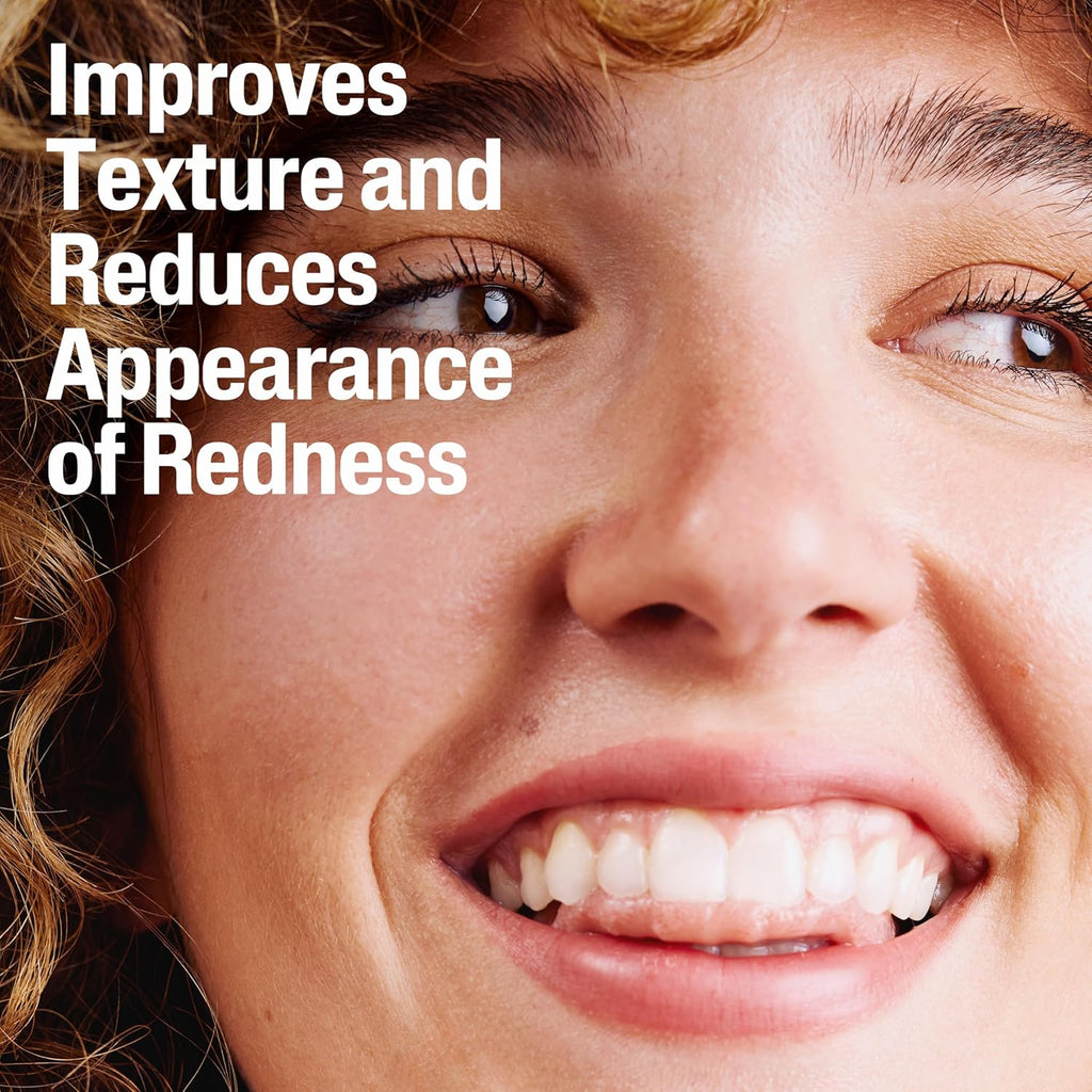 Close-up of a woman's face with text overlay about skincare benefits