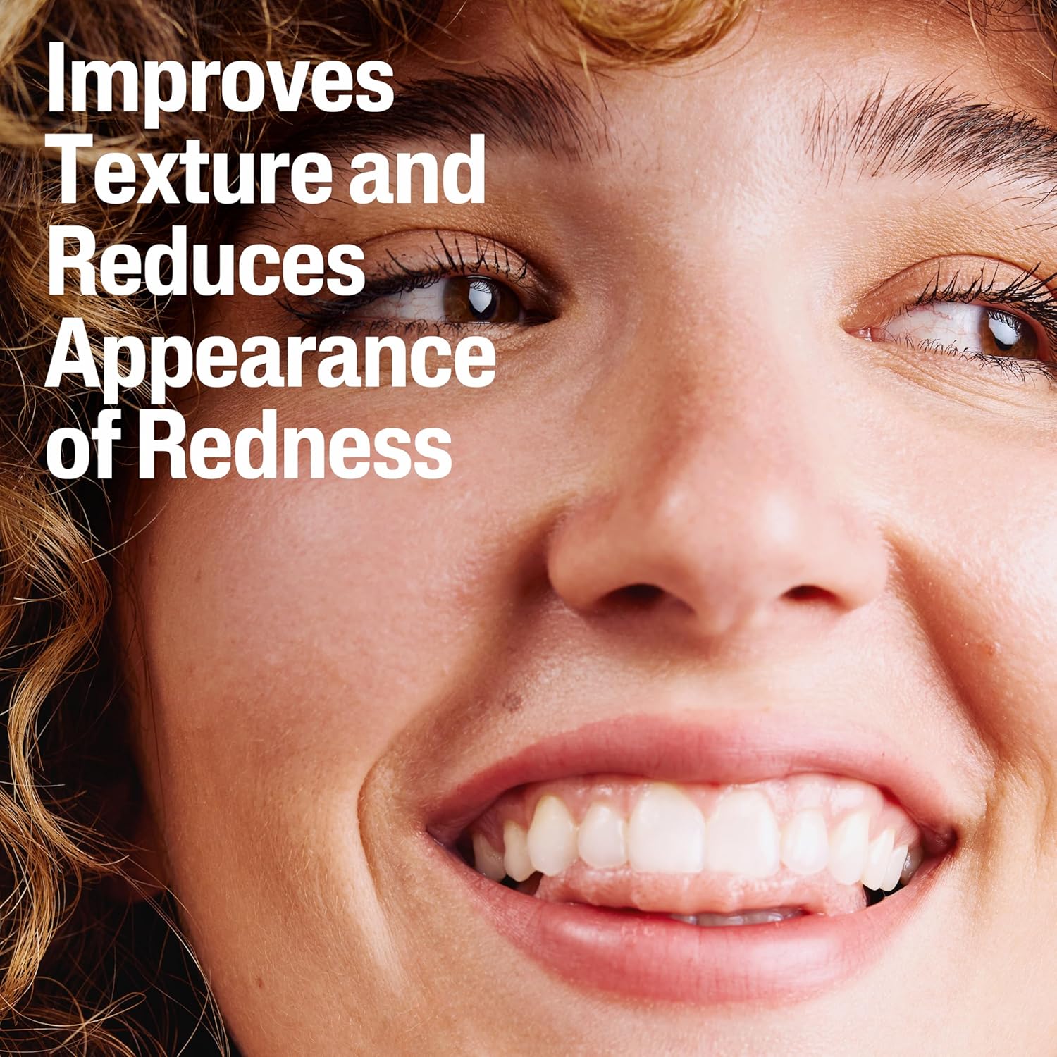 Close-up of a woman's face with text overlay about skincare benefits