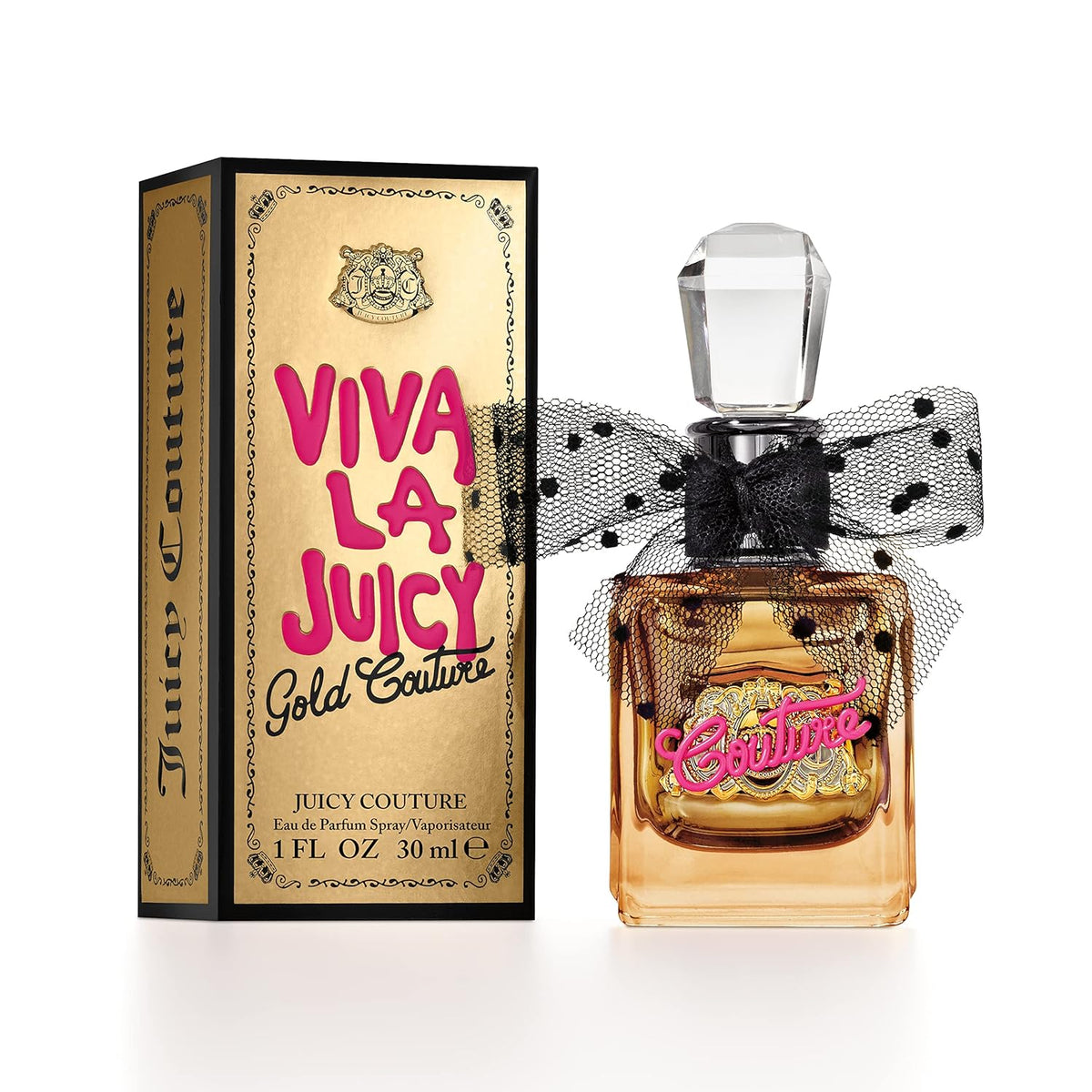 Juicy Couture Viva La Juicy Gold Couture perfume bottle and packaging on a white background