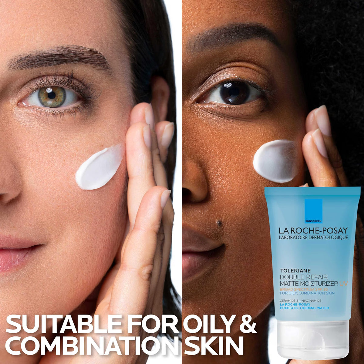 Two people applying cream to their faces with a La Roche-Posay product displayed.