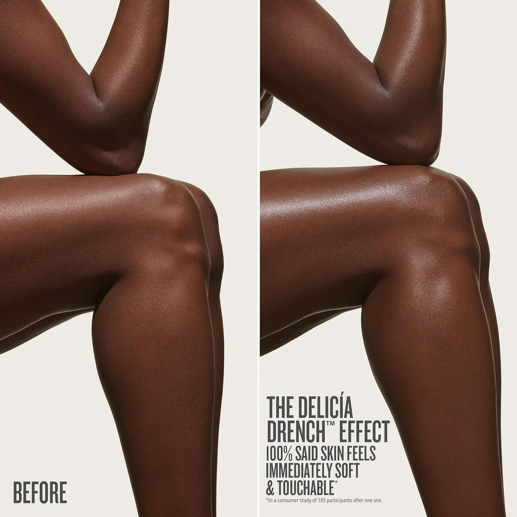 Before and after comparison of tanned legs with text about 'The Delicia Drench Effect'.