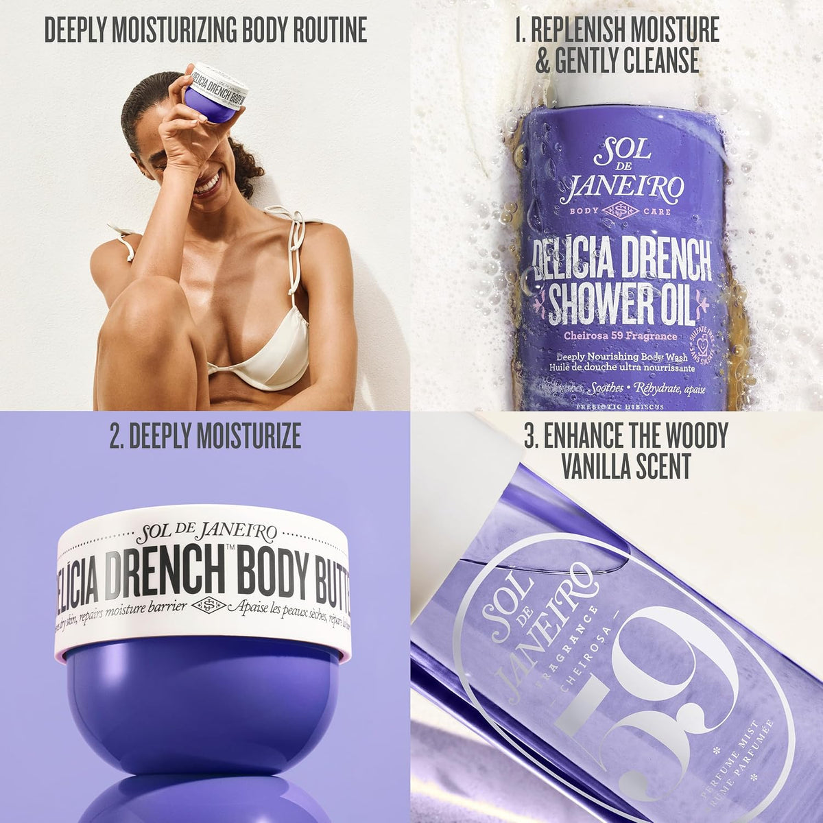 Collage of Sol de Janeiro skincare products with a woman using them.