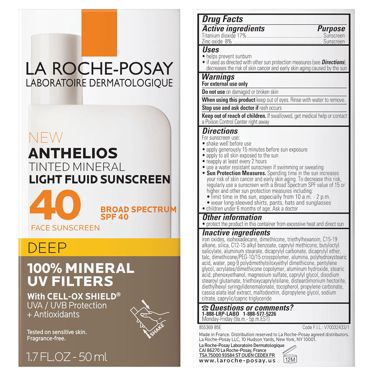 La Roche-Posay Anthelios Tinted Mineral Light Fluid Sunscreen packaging with SPF 40 label.