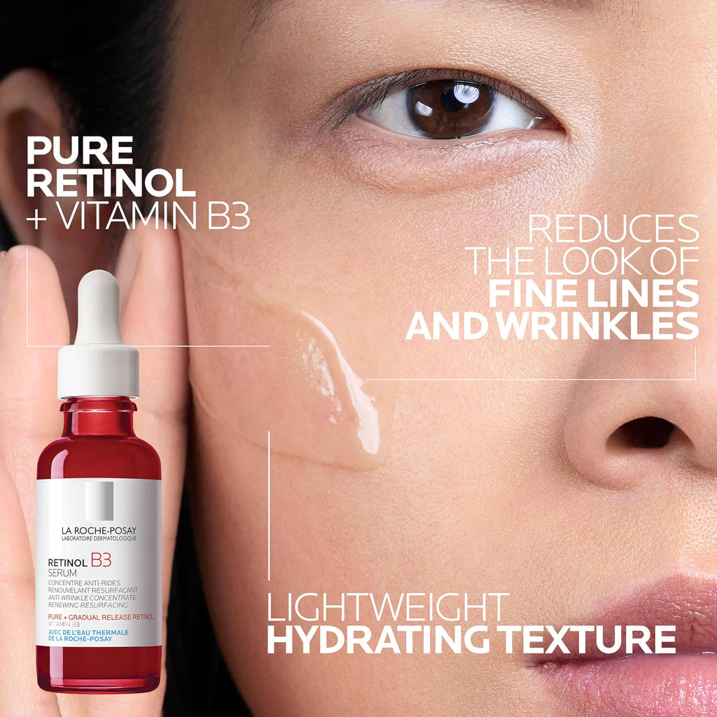 Advertisement for La Roche-Posay Retinol B3 serum with text highlighting benefits on a close-up of skin.