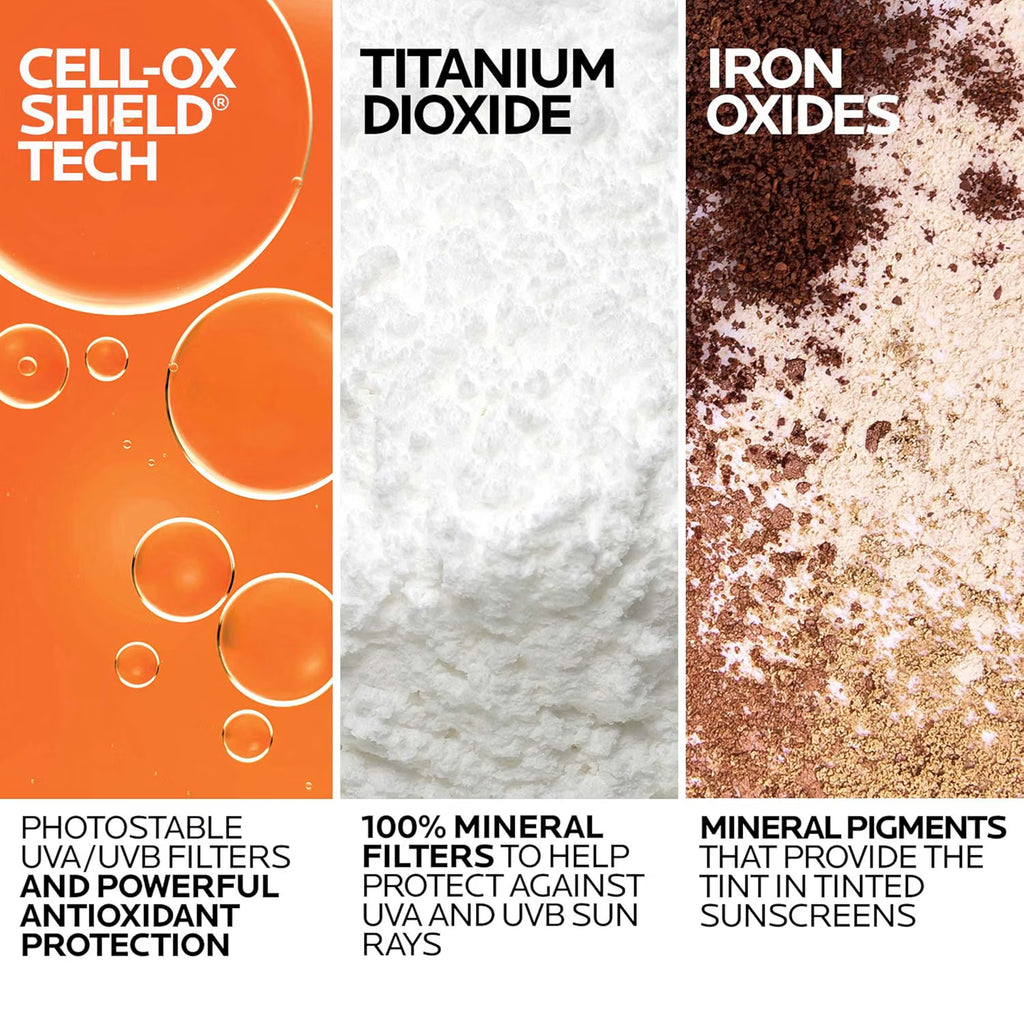 Cell-Ox Shield Tech product with titanium dioxide and iron oxides, highlighting photostable UVA/UVB filters.
