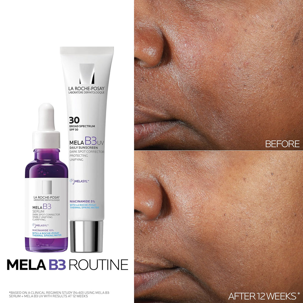La Roche-Posay Mela B3 skincare products with a 'Before' and 'After' skin comparison.