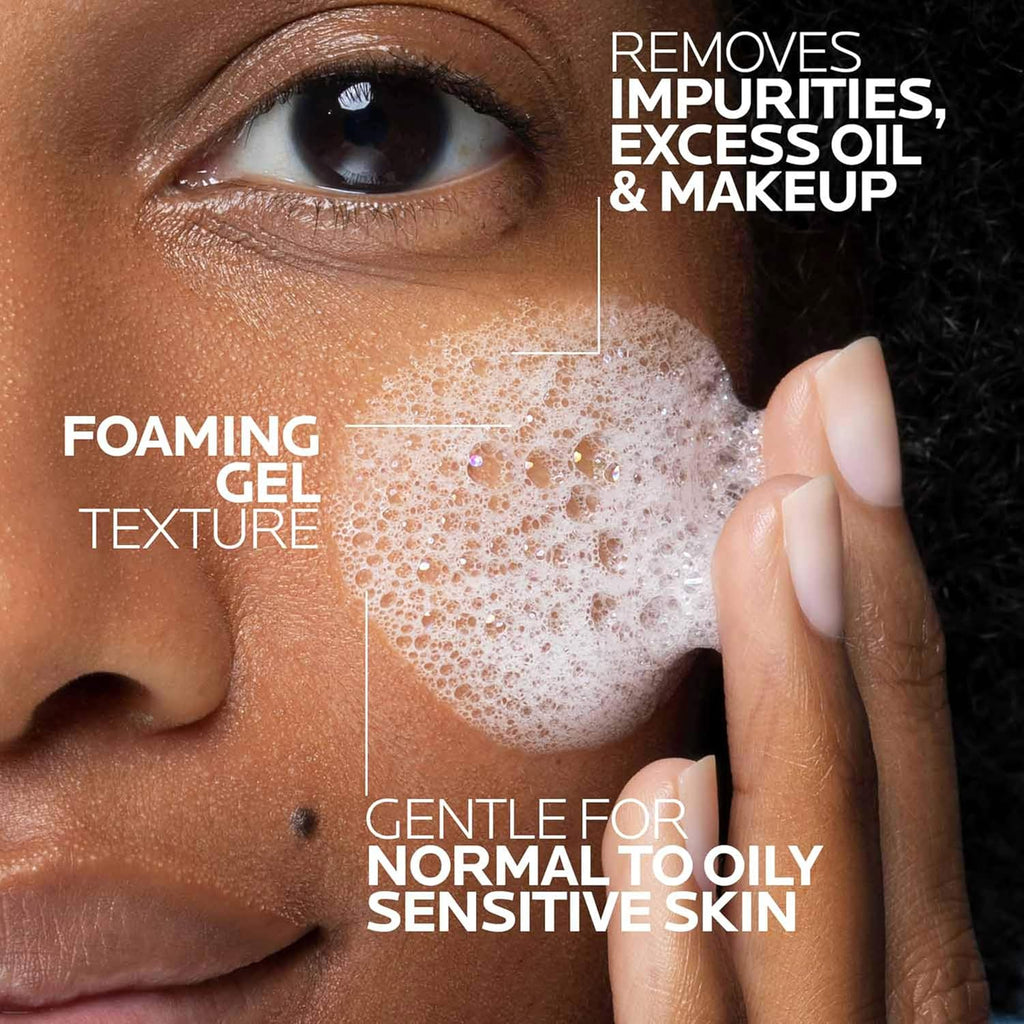 Close-up of a person applying foaming gel to their face with text highlighting product benefits.