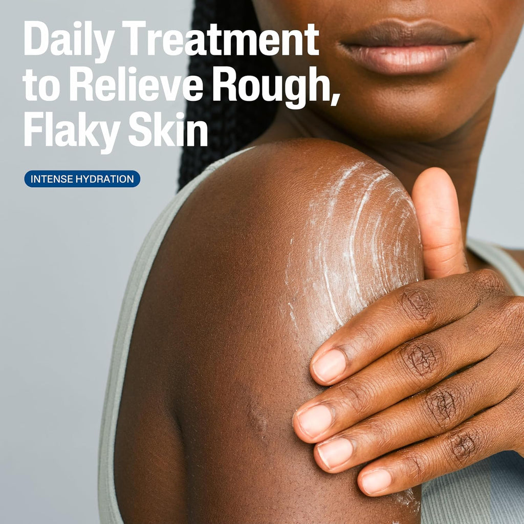 Close-up of a person holding their shoulder with white cream or lotion applied, alongside text reading 'Daily Treatment to Relieve Rough, Flaky Skin' and a blue label that says 'INTENSE HYDRATION'.